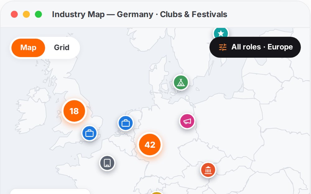 Industry Map of Europe with venues, festivals, agencies and promoters
